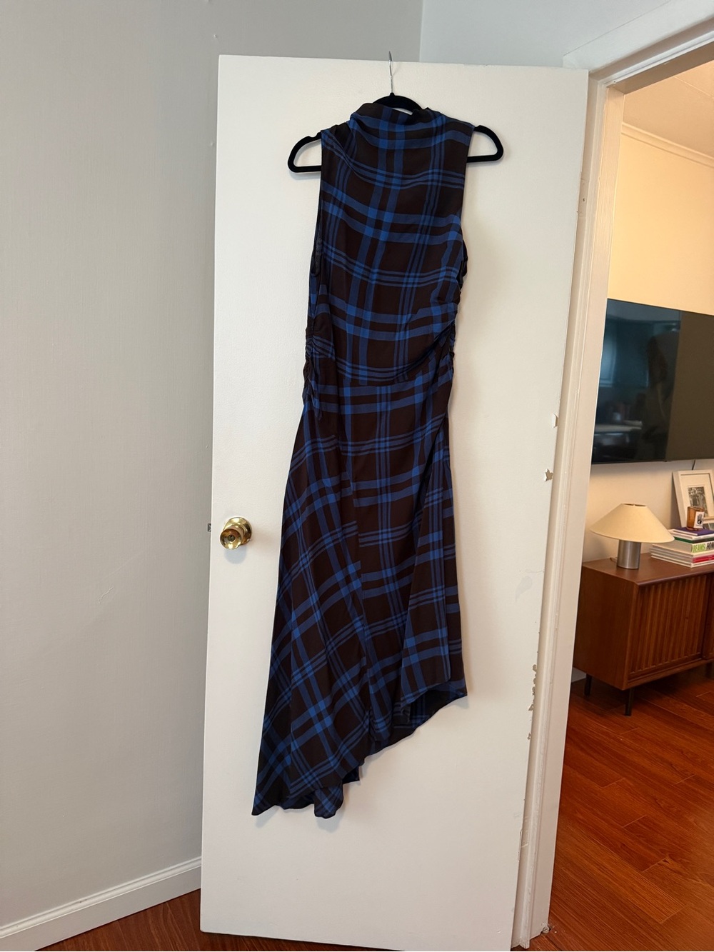 ALC Blue Plaid Asymmetric Midi Dress